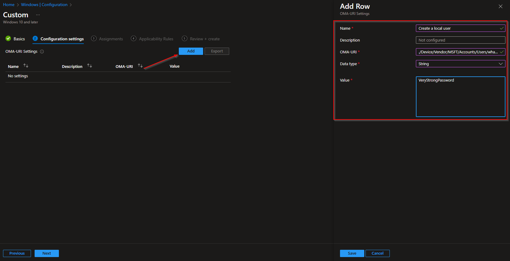 OMA-URI setting to create local user and set password